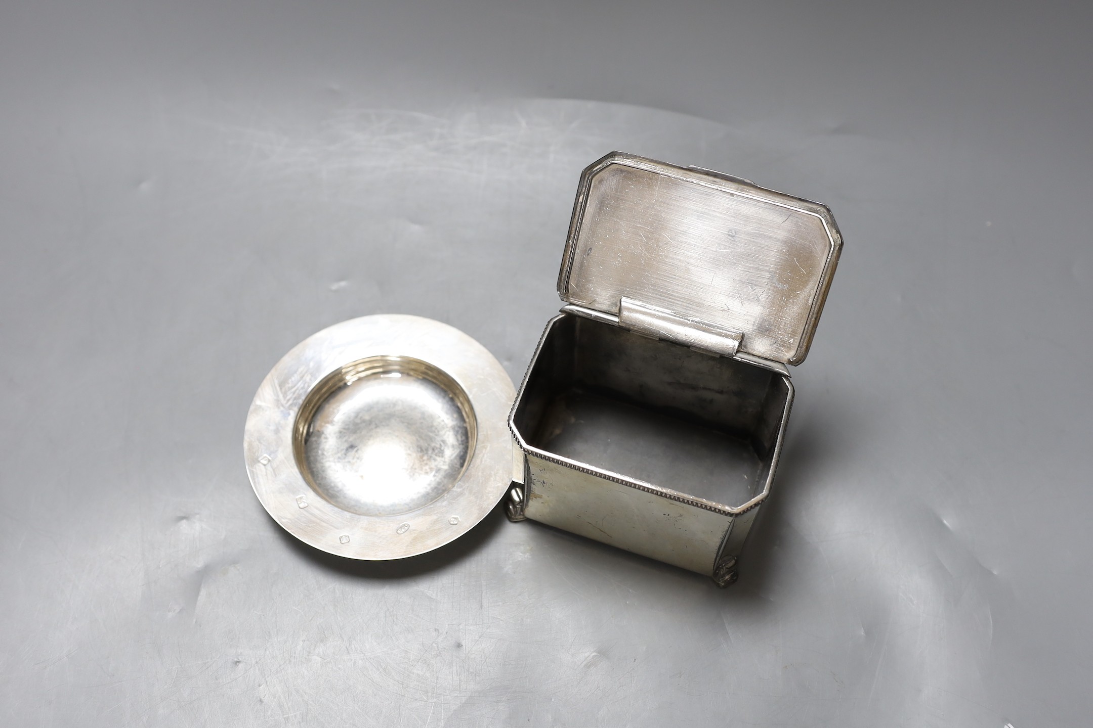 A silver capstan inkwell together with a silver Armada dish, a plated Mappin & Webb box and another plated box